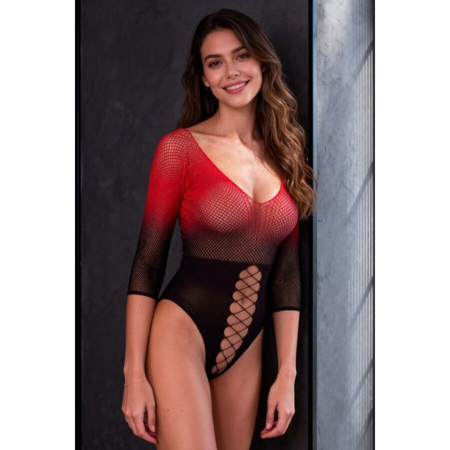 PASSION - BS118 BODYSTOCKING EN MAILLE NOIRE ET ROUGE – Image 2